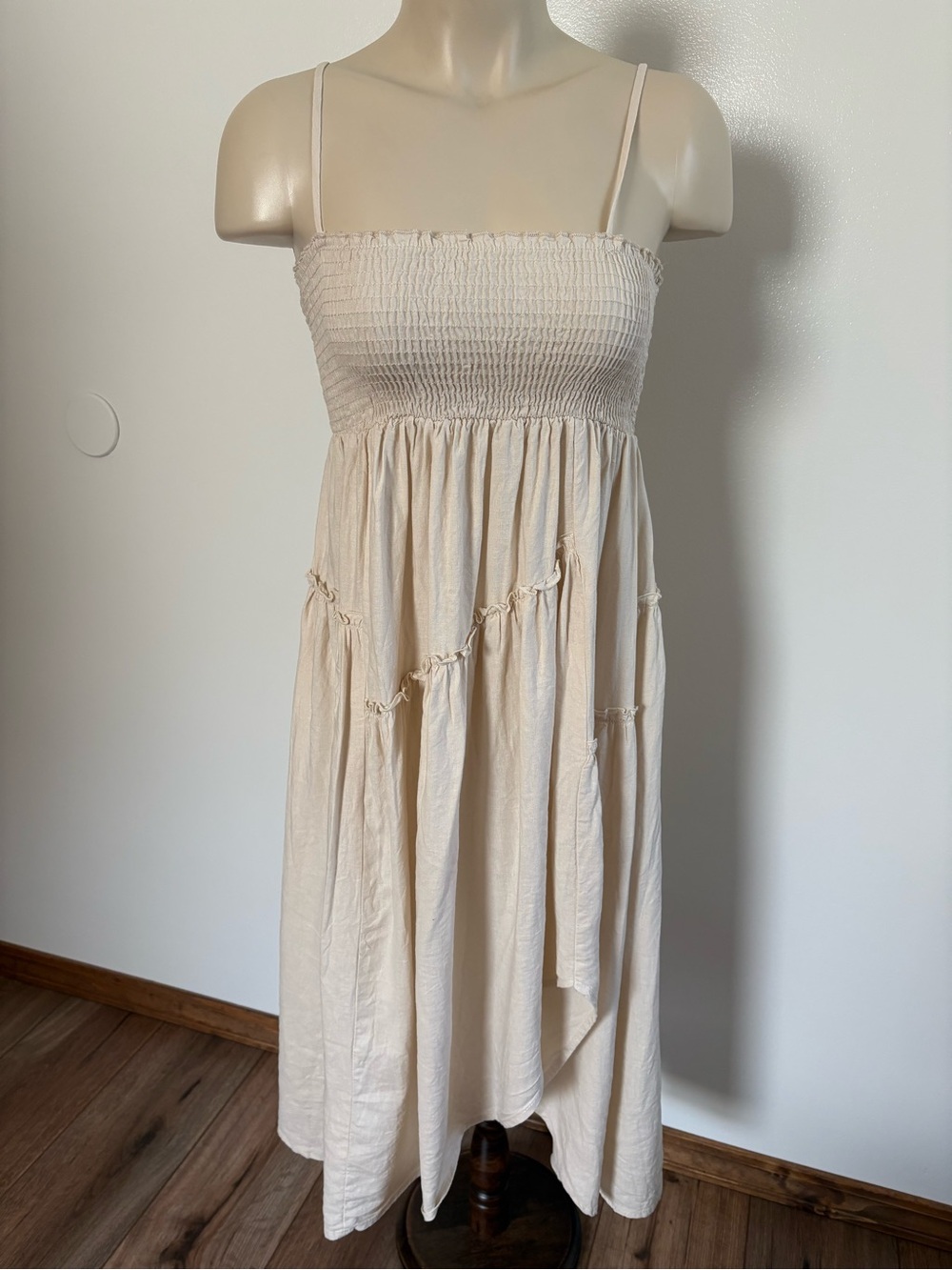 Urban Renewal EcoVero Linen Asymmetrical Smocked Midi Dress Cream XS